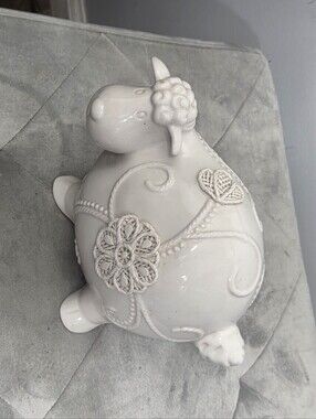 White 6.5X8.5" Floral Design Sheep Lamb Scultpure Figurine
